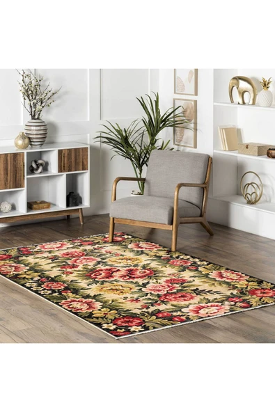 Pastel Home Etnik Çiçekli Karabağ Desenli Şönil Halı Kilim Kaymaz Pamuk Taban Kendinden Saçaklı Yıkanabilir - 5