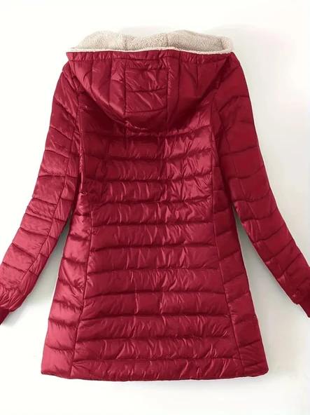 Kadın Uzun Kollu Kapşonlu Cep Detaylı Fermuarlı Orta Boy Mont - Resim 4