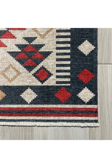 Pastel Home Bej Kırmızı Lacivert Anadolu Kilim Şönil Halı Yolluk Kaymaz Yıkanabilir Mutfak Koridor Salon - 2