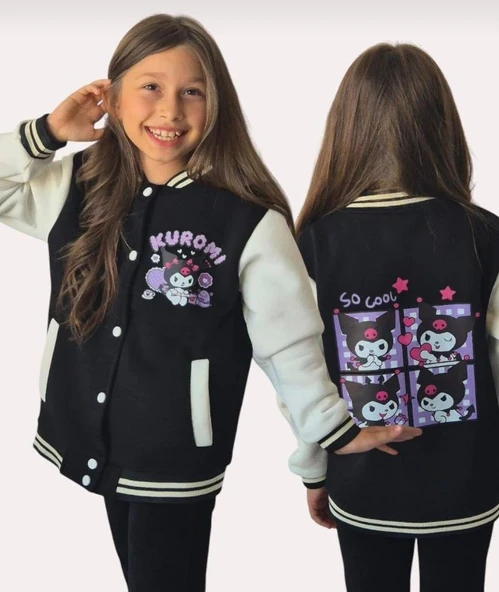 Cg Kids Kuromi içi Şardonlu Sırt Baskı Detaylı Kolej Ceket Siyah Renk Süper Kalite Kumaş Baskı