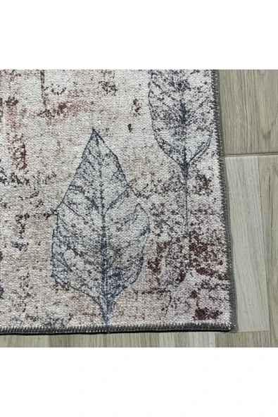 Pastel Home Tasarım Çift Taraflı Yıkanabilir Şönil Halı Kilim Yolluk Vizon Kahve Yaprak Desenli - 10