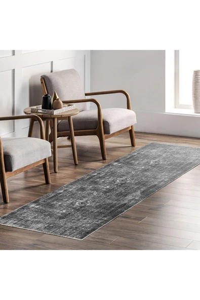 Pastel Home Siyah Antrasit Gri Vintage Şönil Halı Kilim Yolluk Yıkanabilir Kaymaz Kendinden Saçaklı - 7