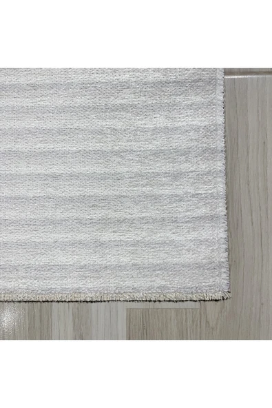 Pastel Home Modern Çizgili Açık Gri Kaymaz Şönil Halı Saçaklı Robot Süpürge Uyumlu Yıkanabilir Yolluk Kilim - 2