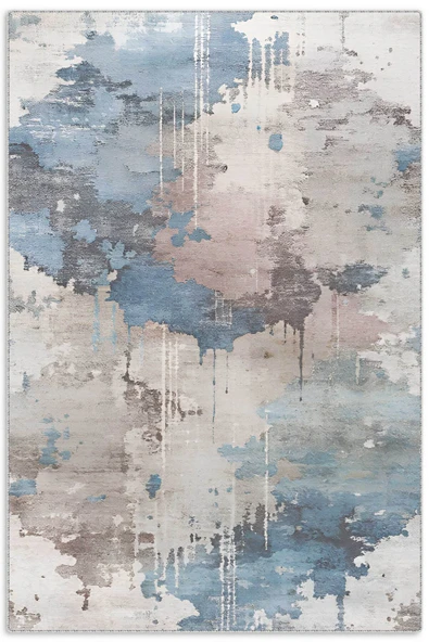 Pastel Home Tasarım Çift Taraflı Yıkanabilir Şönil Halı Kilim Yolluk Abstract Mavi Gri