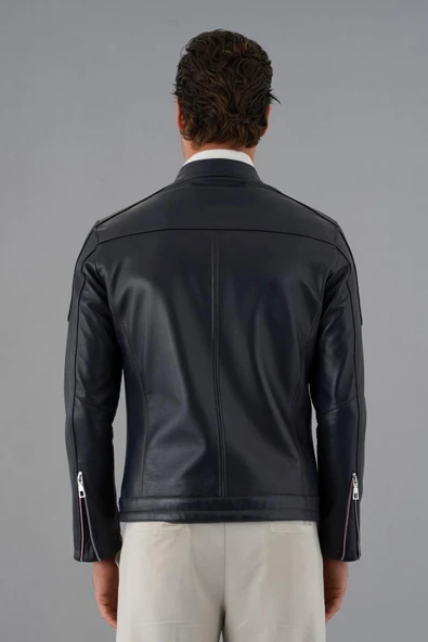 Tyler Lacivert Erkek Deri Mont - 5