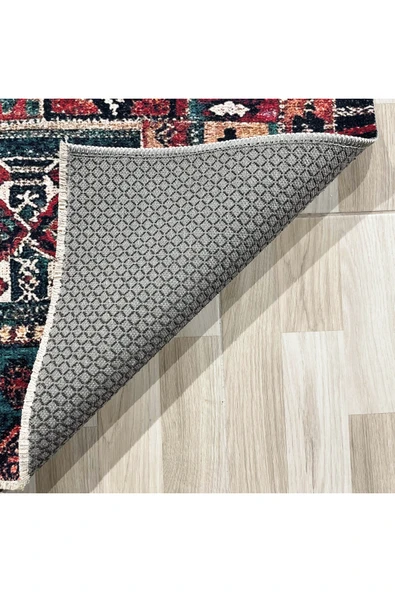 Pastel Home Vintage Bordo Yeşil Patchwork Şönil Halı Kilim Yolluk Kaymaz Yıkanabilir Saçaklı Mutfak Salon - 3