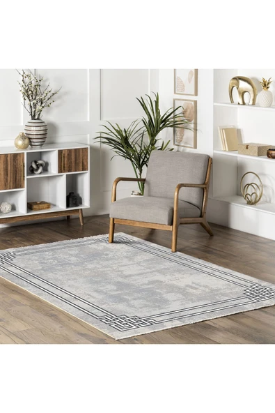 Pastel Home Siyah Çerçeveli Gri Şönil Halı Kilim Yolluk Kaymaz Saçaklı Yıkanabilir Koridor Mutfak Salon - Resim 5