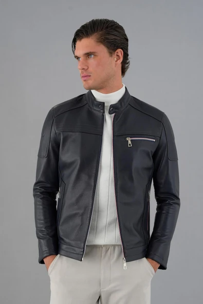 Tyler Lacivert Erkek Deri Mont - 3