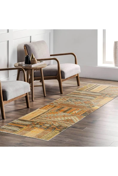 Pastel Home Turuncu Patchwork Şönil Halı Kilim Yolluk Kaymaz Yıkanabilir Saçaklı Salon Koridor Mutfak - 7