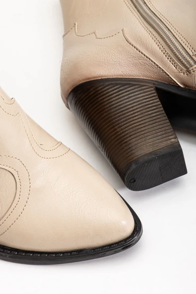 117 Bej Kovboy Dikiş Detaylı Fermuarlı  Yüksek Topuklu Günlük Kadın Bot - Resim 5
