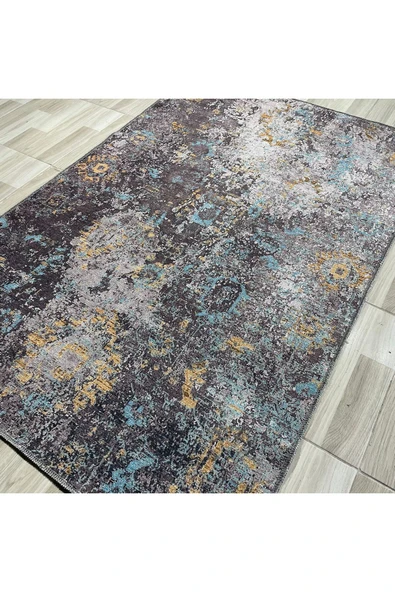 Pastel Home Kahverengi Vizon Hardal Uyumu Tasarım Eskitme Şönil Halı Kilim Yolluk Yıkanabilir Çift Taraflı - 12