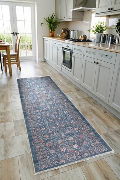 Pastel Home Eskitme mavi etnik desenli şönil kendinden saçaklı halı kilim yolluk yıkanabilir kaymaz taban - Resim 6