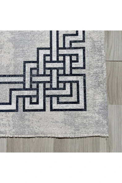 Pastel Home Siyah Çerçeveli Gri Şönil Halı Kilim Yolluk Kaymaz Saçaklı Yıkanabilir Koridor Mutfak Salon - Resim 2