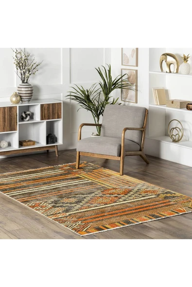 Pastel Home Turuncu Patchwork Şönil Halı Kilim Yolluk Kaymaz Yıkanabilir Saçaklı Salon Koridor Mutfak - 5