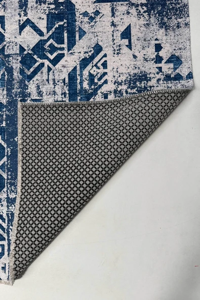 Pastel Home Lacivert Gri Tasarım Şönil Halı Kilim Yolluk Kaymaz Yıkanabilir Saçaklı Oturma Odası Mutfak Koridor - Resim 4