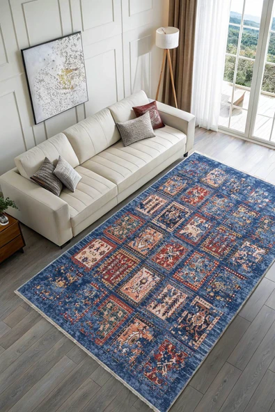 Pastel Home Eskitme afgan mavi şönil halı kendinden saçaklı halı kilim yolluk kaymaz yıkanabilir salon mutfak - Resim 9