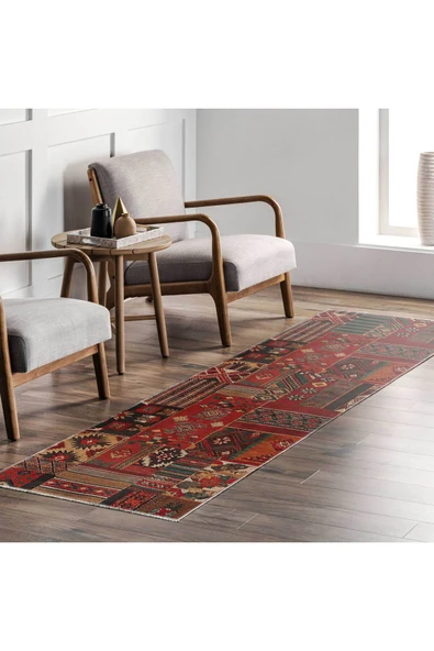 Pastel Home Kırmızı Patchwork Anadolu Kilim Şönil Halı Yolluk Kaymaz Yıkanabilir Saçaklı Salon Koridor Mutfak - 15