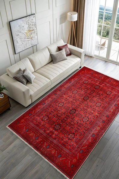 Pastel Home Bordo kırmızı afgan türkmen şönil halı kilim yolluk yıkanabilir kaymaz taban salon mutfak saçaklı - Resim 9