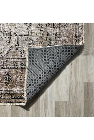 Pastel Home Bej Vizon Kahve Vintage Göbekli Şönil Halı Kilim Yolluk Yıkanabilir Kaymaz Saçaklı - Resim 11