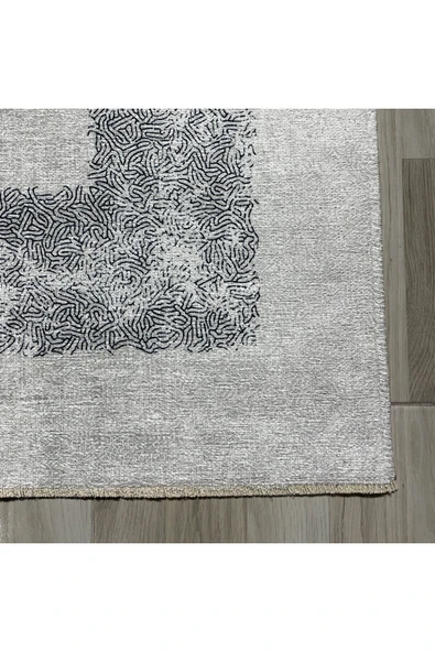 Pastel Home Gri Çerçeveli Eskitme Şönil Halı Kilim Yolluk Kaymaz Yıkanabilir Mutfak Koridor Oturma Odası Yatak - 2