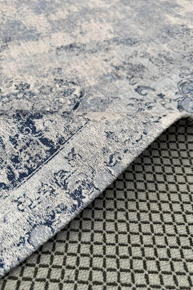 Pastel Home Vintage Mavi Şönil Halı Kilim Yolluk Kendinden Saçaklı Kaymaz Yıkanabilir Salon Mutfak Koridor - Resim 4