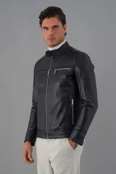 Tyler Lacivert Erkek Deri Mont - 4