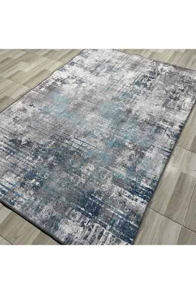 Pastel Home Tasarım Çift Taraflı Yıkanabilir Şönil Halı Kilim Yolluk Gri Turkuaz Mavi Lacivert Abstract - 15