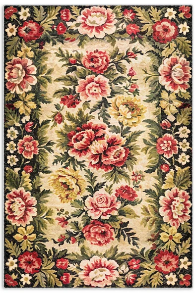 Pastel Home Etnik Çiçekli Karabağ Desenli Şönil Halı Kilim Kaymaz Pamuk Taban Kendinden Saçaklı Yıkanabilir - 9