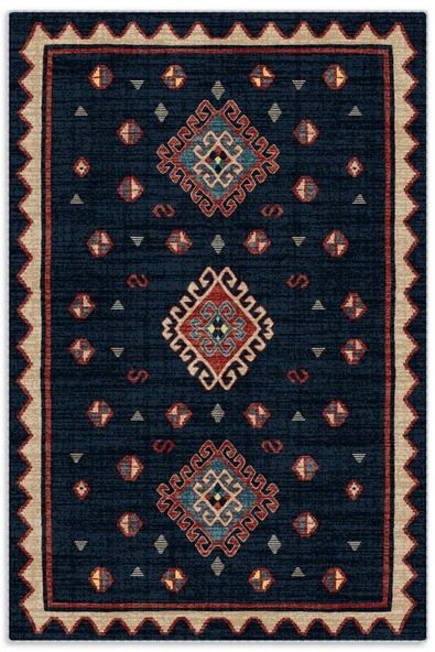Pastel Home Vintage Lacivert Anadolu Kilim Şönil Halı Yolluk Kaymaz Saçaklı Yıkanabilir Oturma Odası Mutfak