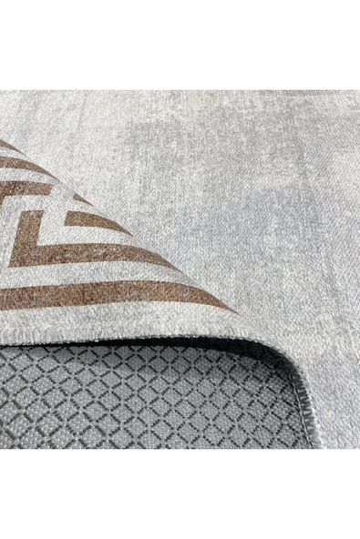 Pastel Home Kahverengi Çerçeveli Vizon Gri Şönil Halı Kilim Yolluk Yıkanabilir Kaymaz Saçaklı Mutfak Koridor - 4