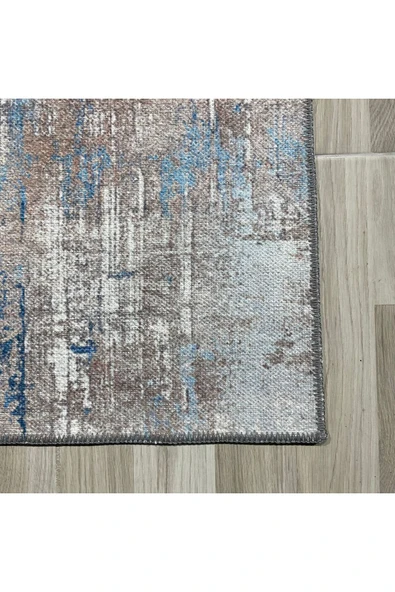 Pastel Home Tasarım Çift Taraflı Yıkanabilir Şönil Halı Kilim Yolluk Abstract Bej Mavi - 11