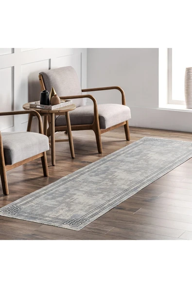 Pastel Home Siyah Çerçeveli Gri Şönil Halı Kilim Yolluk Kaymaz Saçaklı Yıkanabilir Koridor Mutfak Salon - Resim 7