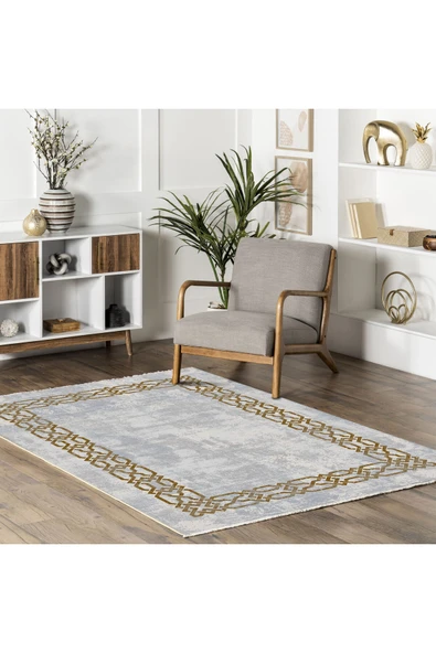 Pastel Home Hardal Çerçeveli Şönil Halı Kilim Yolluk Kaymaz Kendinden Saçaklı Yıkanabilir Salon Koridor Mutfak - Resim 5