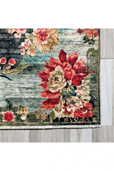 Pastel Home Etnik Çiçekli Karabağ Desenli Şönil Halı Kilim Kaymaz Pamuk Taban Kendinden Saçaklı Yıkanabilir - 2