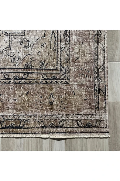 Pastel Home Bej Vizon Kahve Vintage Göbekli Şönil Halı Kilim Yolluk Yıkanabilir Kaymaz Saçaklı - Resim 2