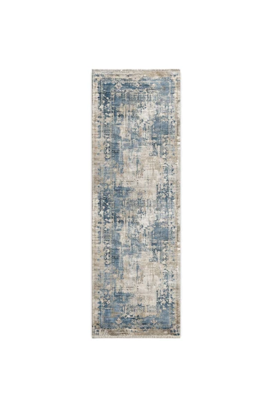 Pastel Home Tasarım Çift Taraflı Yıkanabilir Şönil Halı Kilim Yolluk Eskitme Çerçeveli Mavi - 7