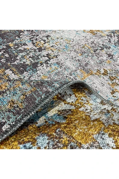 Pastel Home Kahverengi Vizon Hardal Uyumu Tasarım Eskitme Şönil Halı Kilim Yolluk Yıkanabilir Çift Taraflı - 14