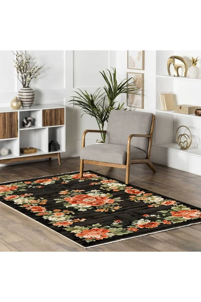 Pastel Home Etnik Çiçekli Karabağ Desenli Şönil Halı Kilim Kaymaz Pamuk Taban Kendinden Saçaklı Yıkanabilir - 13