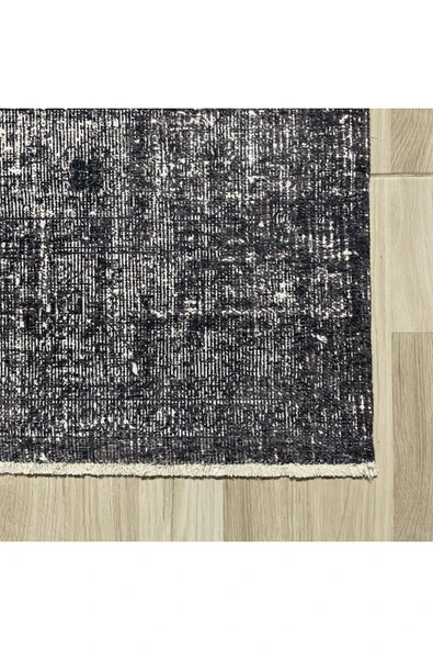 Pastel Home Siyah Antrasit Gri Vintage Şönil Halı Kilim Yolluk Yıkanabilir Kaymaz Kendinden Saçaklı - 2