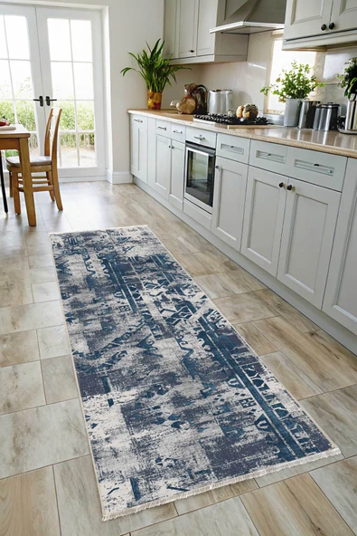 Pastel Home Lacivert Gri Tasarım Şönil Halı Kilim Yolluk Kaymaz Yıkanabilir Saçaklı Oturma Odası Mutfak Koridor - Resim 7