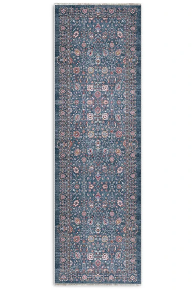 Pastel Home Eskitme mavi etnik desenli şönil kendinden saçaklı halı kilim yolluk yıkanabilir kaymaz taban - Resim 5
