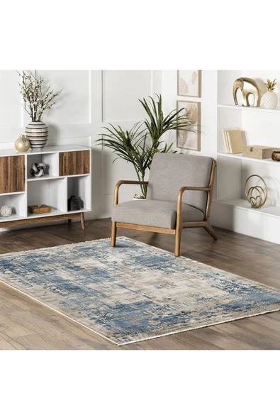 Pastel Home Tasarım Çift Taraflı Yıkanabilir Şönil Halı Kilim Yolluk Eskitme Çerçeveli Mavi - 14