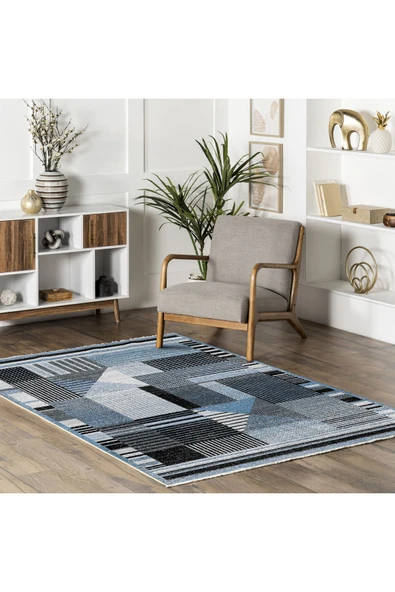 Pastel Home Modern Geometrik Şönil Halı Kilim Yolluk Mavi Gri Siyah Kaymaz Taban Yıkanabilir Saçaklı - Resim 5