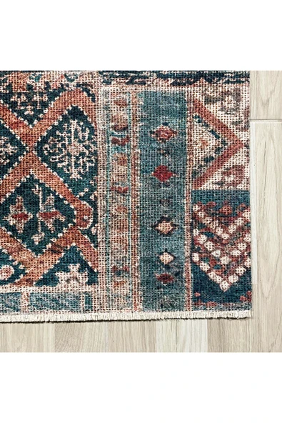 Pastel Home Kahverengi Yeşil Eskitme Patchwork Şönil Halı Kilim Yolluk Kaymaz Yıkanabilir Saçaklı - 2