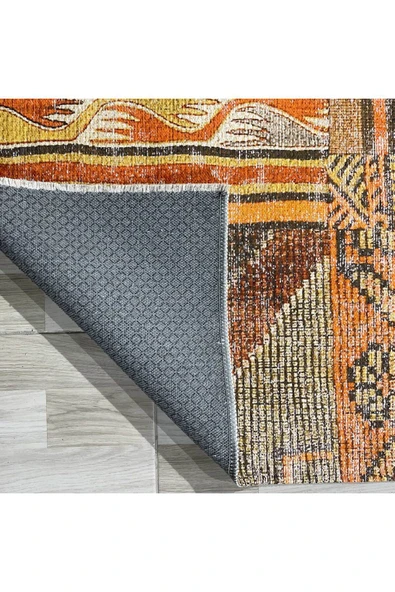 Pastel Home Turuncu Patchwork Şönil Halı Kilim Yolluk Kaymaz Yıkanabilir Saçaklı Salon Koridor Mutfak - 3