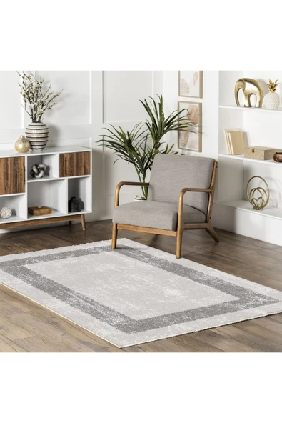 Pastel Home Gri Çerçeveli Eskitme Şönil Halı Kilim Yolluk Kaymaz Yıkanabilir Mutfak Koridor Oturma Odası Yatak - 5