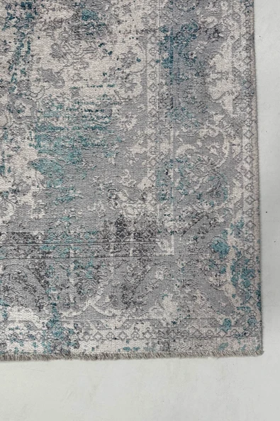 Pastel Home Gri Turkuaz Vintage Klasik Şönil Halı Kilim Yolluk Kaymaz Yıkanabilir Saçaklı Oturma Odası Mutfak - Resim 3