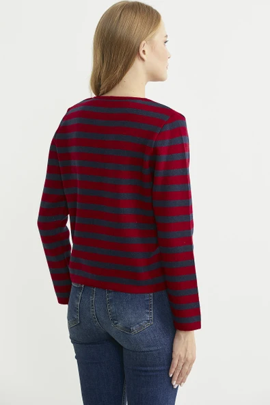 Renkli Çizgili Triko Kısa  Hırka - Kırmızı - Resim 5