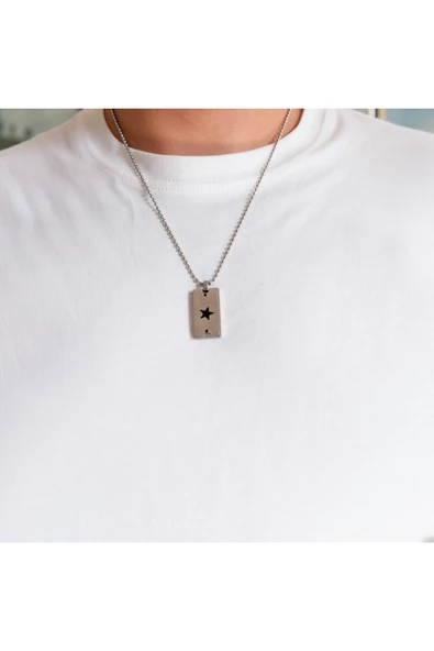 316L Çelik Yıldız Model Erkek Plaka Kolye 60 cm EKLY-128 - Resim 2