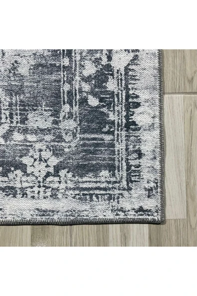 Pastel Home Tasarım Çift Taraflı Yıkanabilir Eskitme Şönil Halı Kilim Yolluk Gri Vintage Çerçeveli - 5